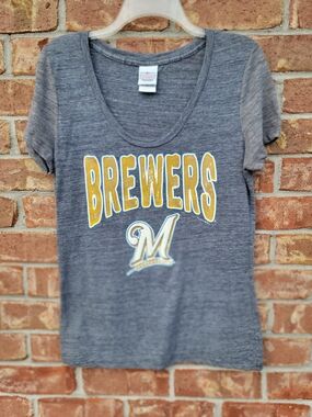 Genuine Merchandise Women's Blue/Gray Scoop Neck Brewers Tee with Yellow Logo